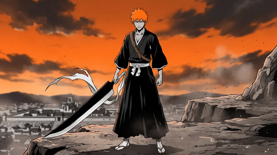Ichigo Kurosaki in his Shikai form, holding the giant cleaver Zangetsu