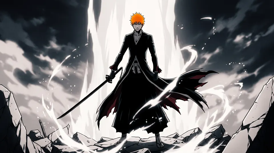 Ichigo Kurosaki in Bankai, Tensa Zangetsu, with his long black coat and slim black sword