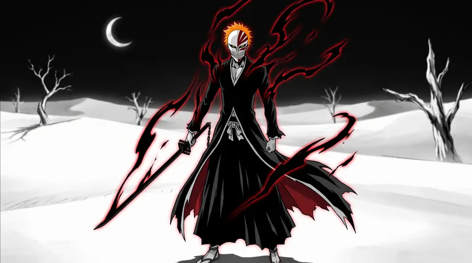 Ichigo Kurosaki wearing his red-striped Hollow mask in the Hueco Mundo desert