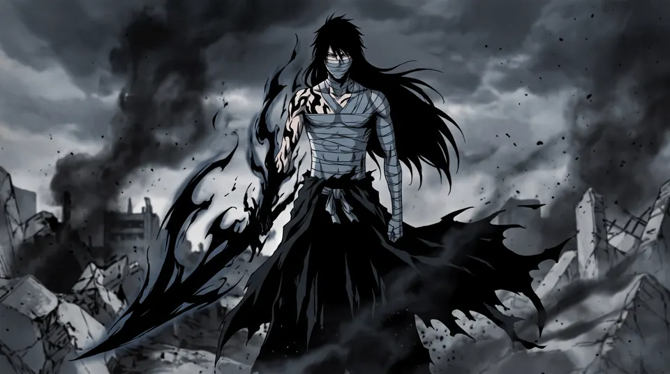 Ichigo Kurosaki as the Final Getsuga Tenshō, with long black hair and bandages