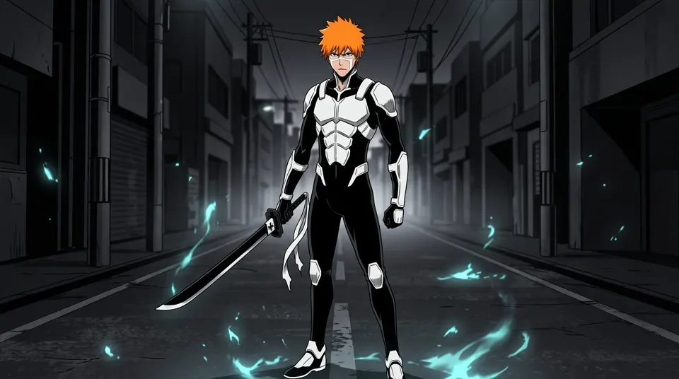 Ichigo Kurosaki in his black-and-white Fullbring armour