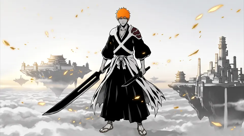 Ichigo Kurosaki wielding both black blades of his reforged true Zangetsu