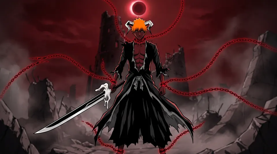 Ichigo Kurosaki in his Blood Chains form beneath an eclipsed red moon
